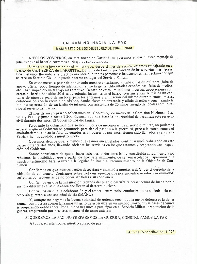 Un camino hacia la paz. Manifiesto de los Objetores de conciencia