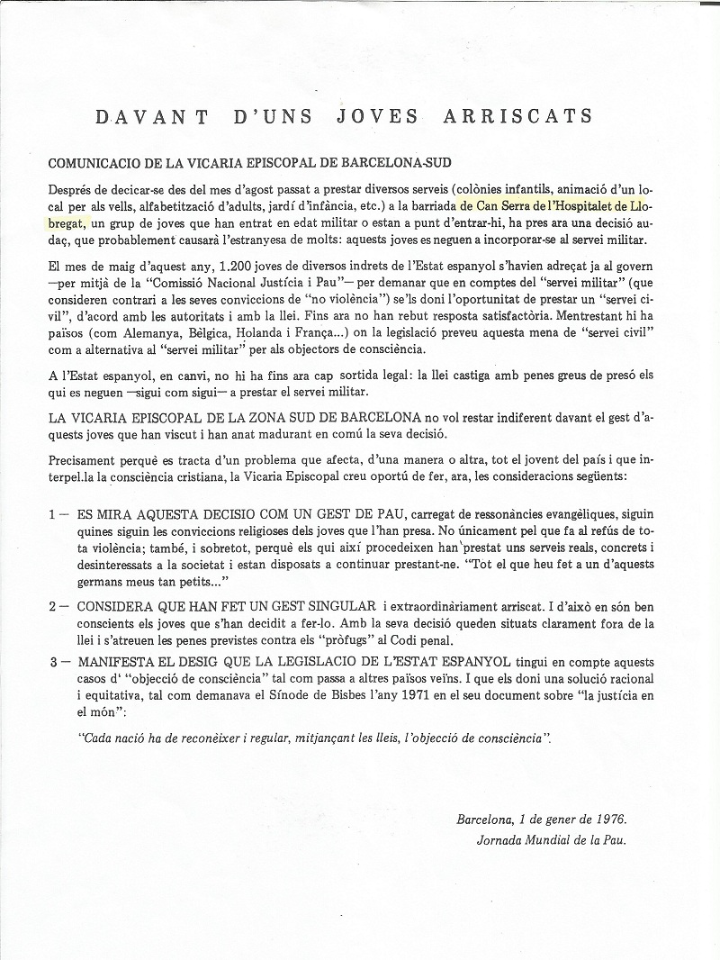 Davant d'uns joves arriscats. Comunicació de la Vicaria Episcopal de Barcelona-Sud