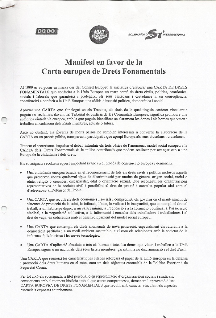 Manifest a favor de la Carta Europea de Drets Fonamentals