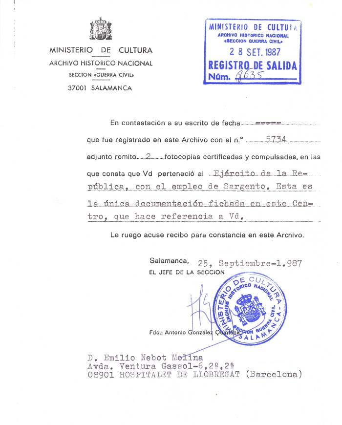 Carta Archivo Histórico Nacional. Sección Guerra Civil. Salamanca