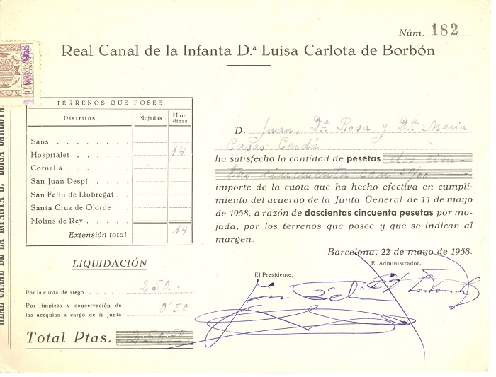 Rebut per la utilització de les aigües del Canal de la Infanta