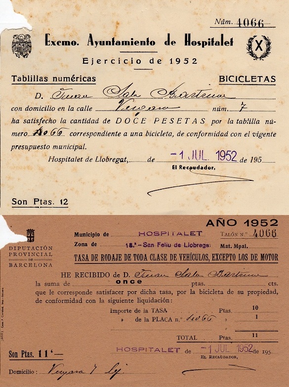 Rebuts matriculació i impost de circulació bicicleta 1952