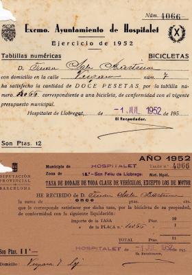 Rebuts matriculació i impost de circulació bicicleta 1952